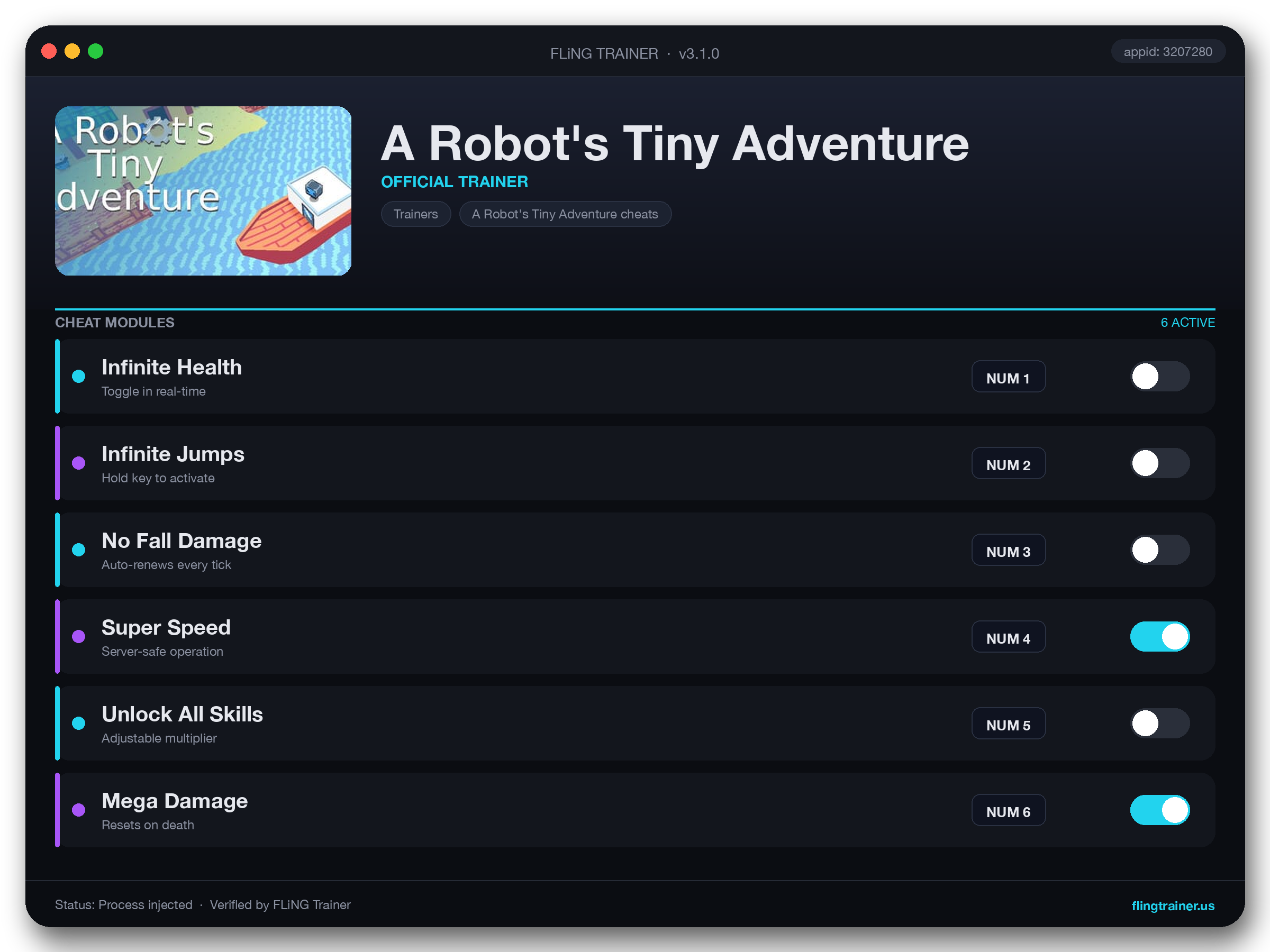 A Robot's Tiny Adventure Trainer interface