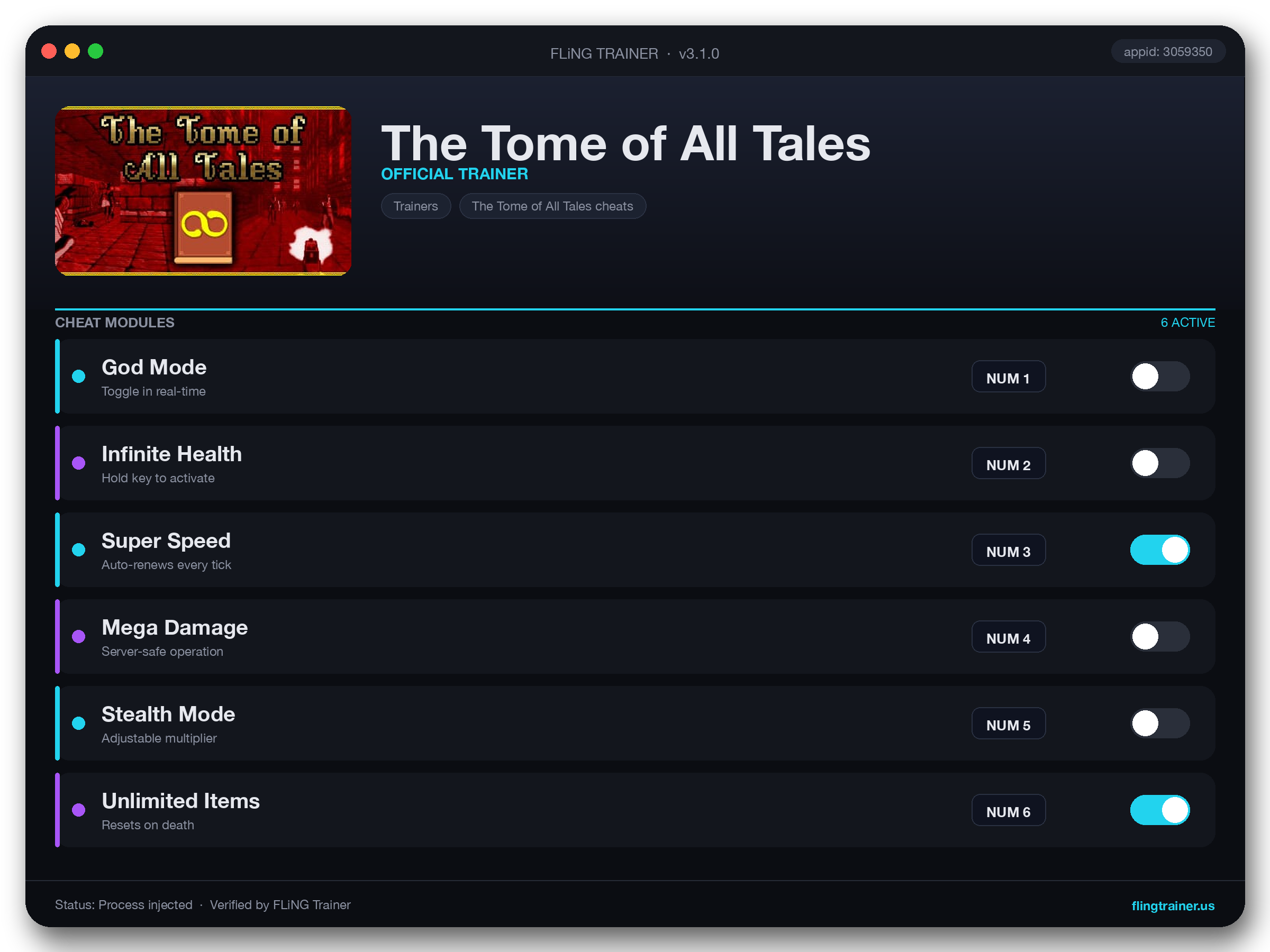 The Tome of All Tales Trainer interface