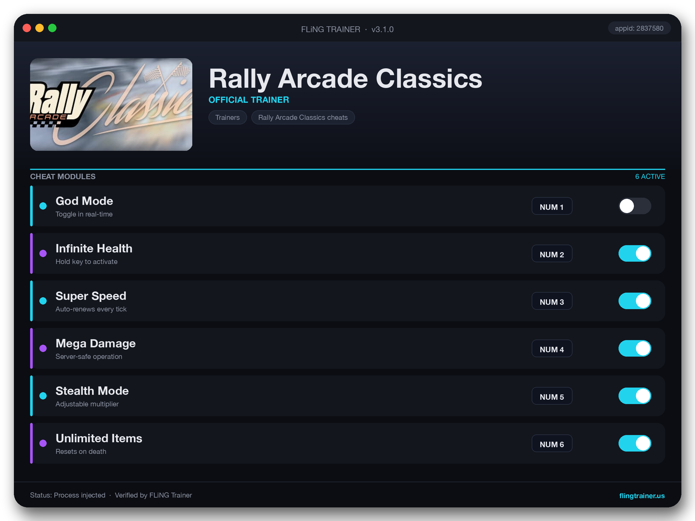 Rally Arcade Classics Trainer interface