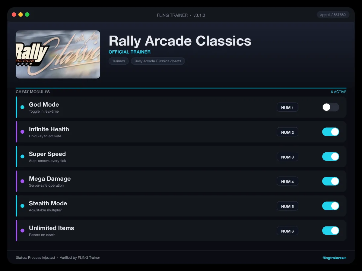 Rally Arcade Classics Trainer interface