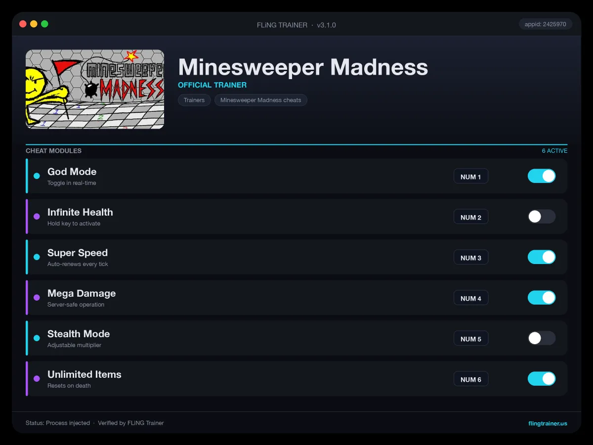 Minesweeper Madness Trainer interface
