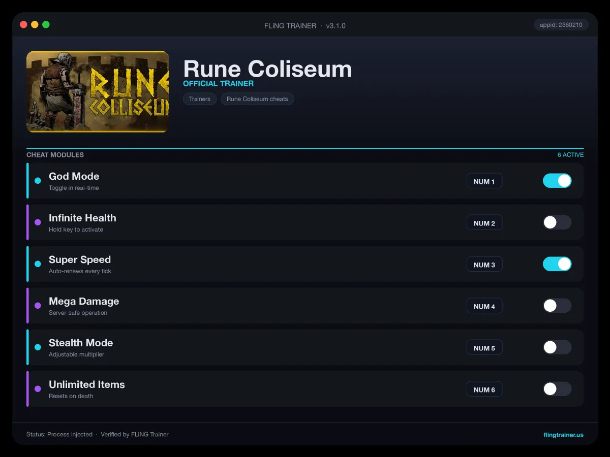 Rune Coliseum Trainer interface