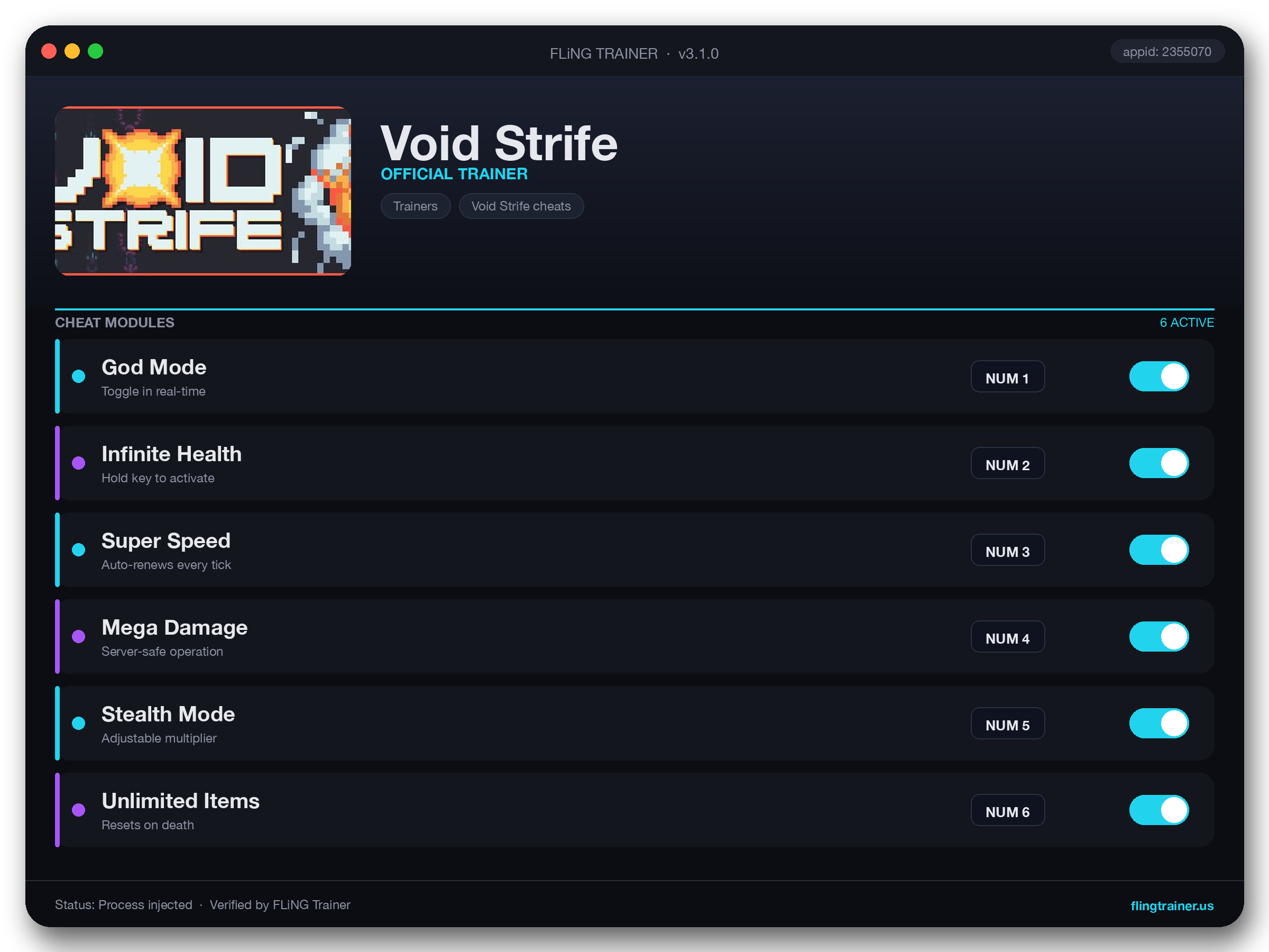 Void Strife Trainer interface