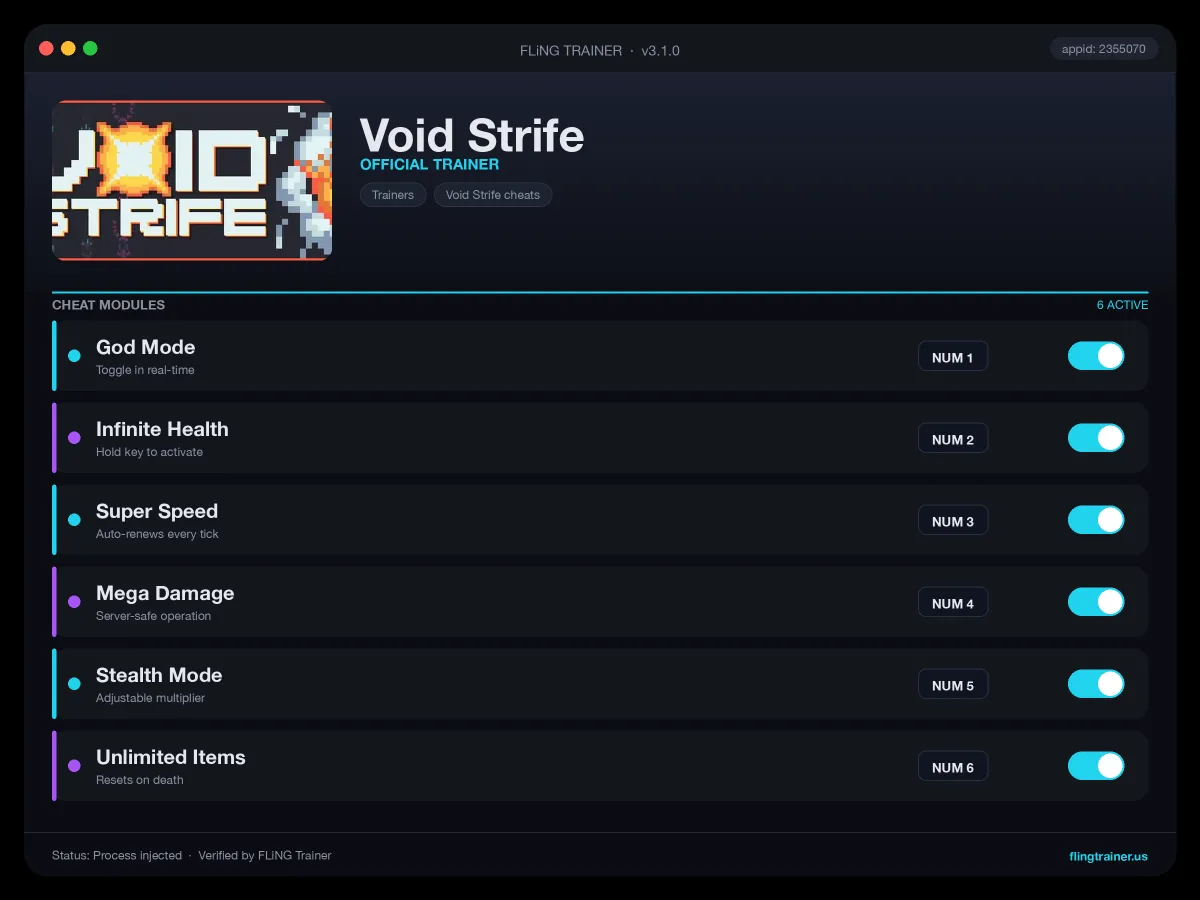 Void Strife Trainer interface