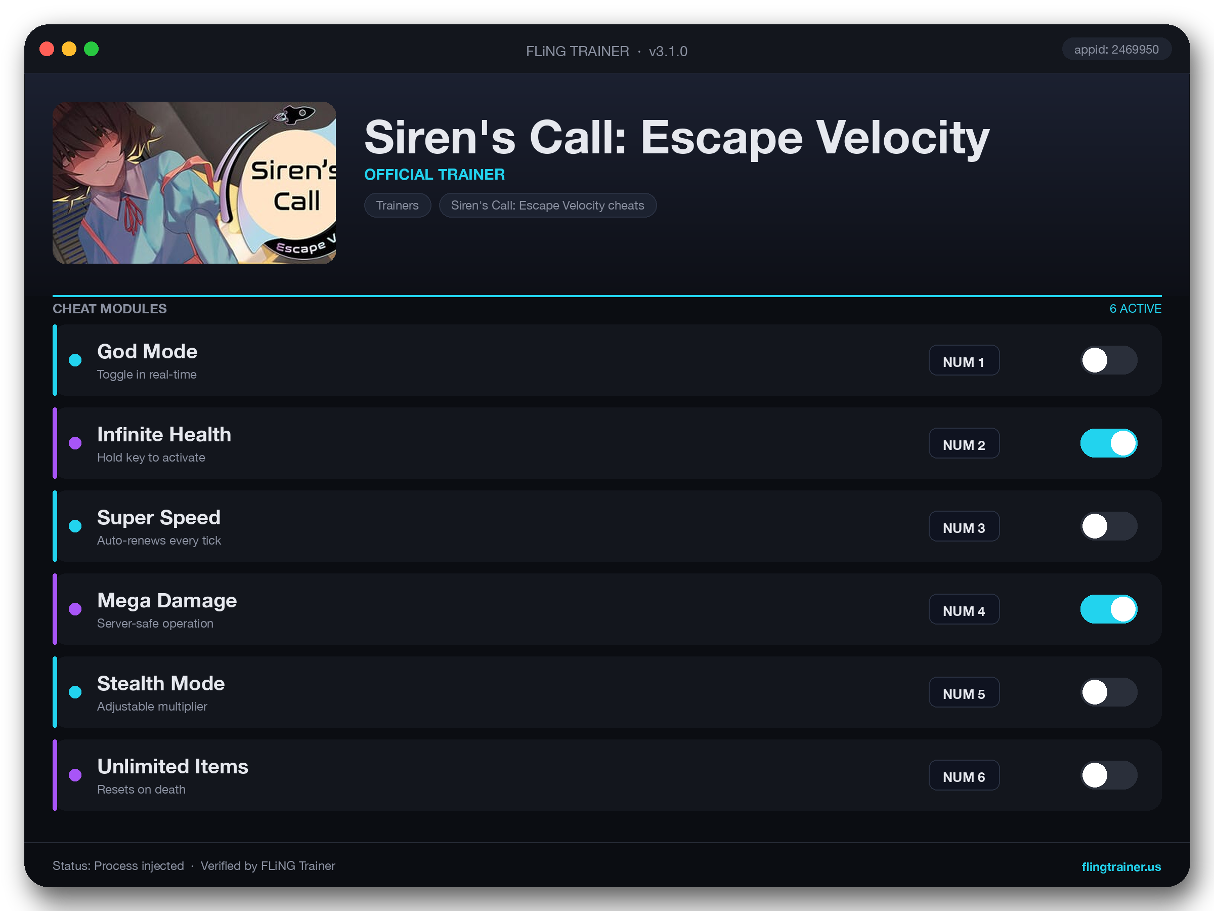 Siren's Call: Escape Velocity Trainer interface