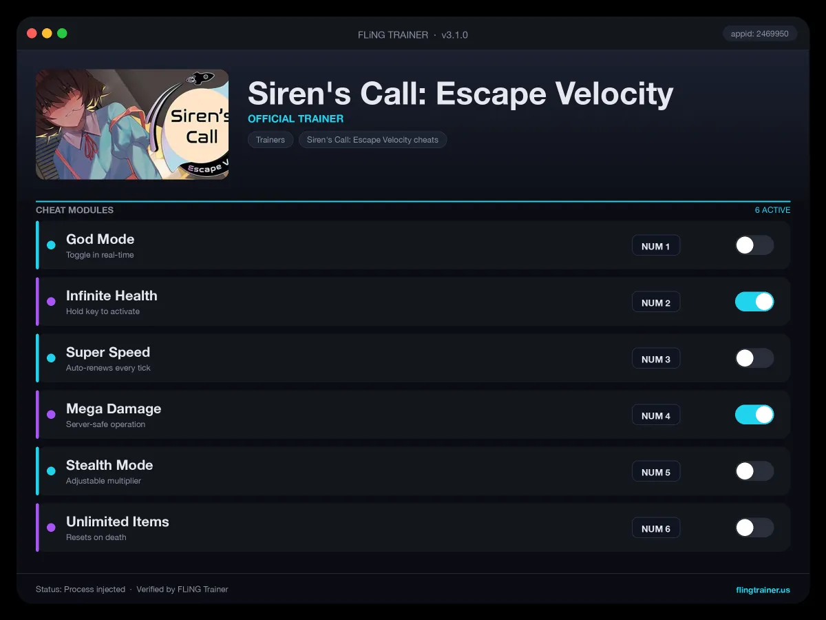 Siren's Call: Escape Velocity Trainer interface