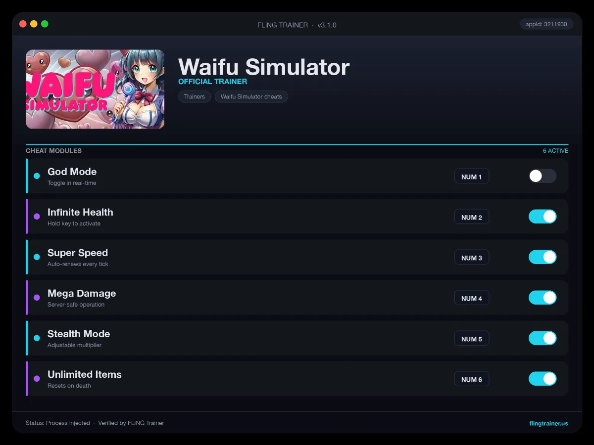 Waifu Simulator Trainer interface