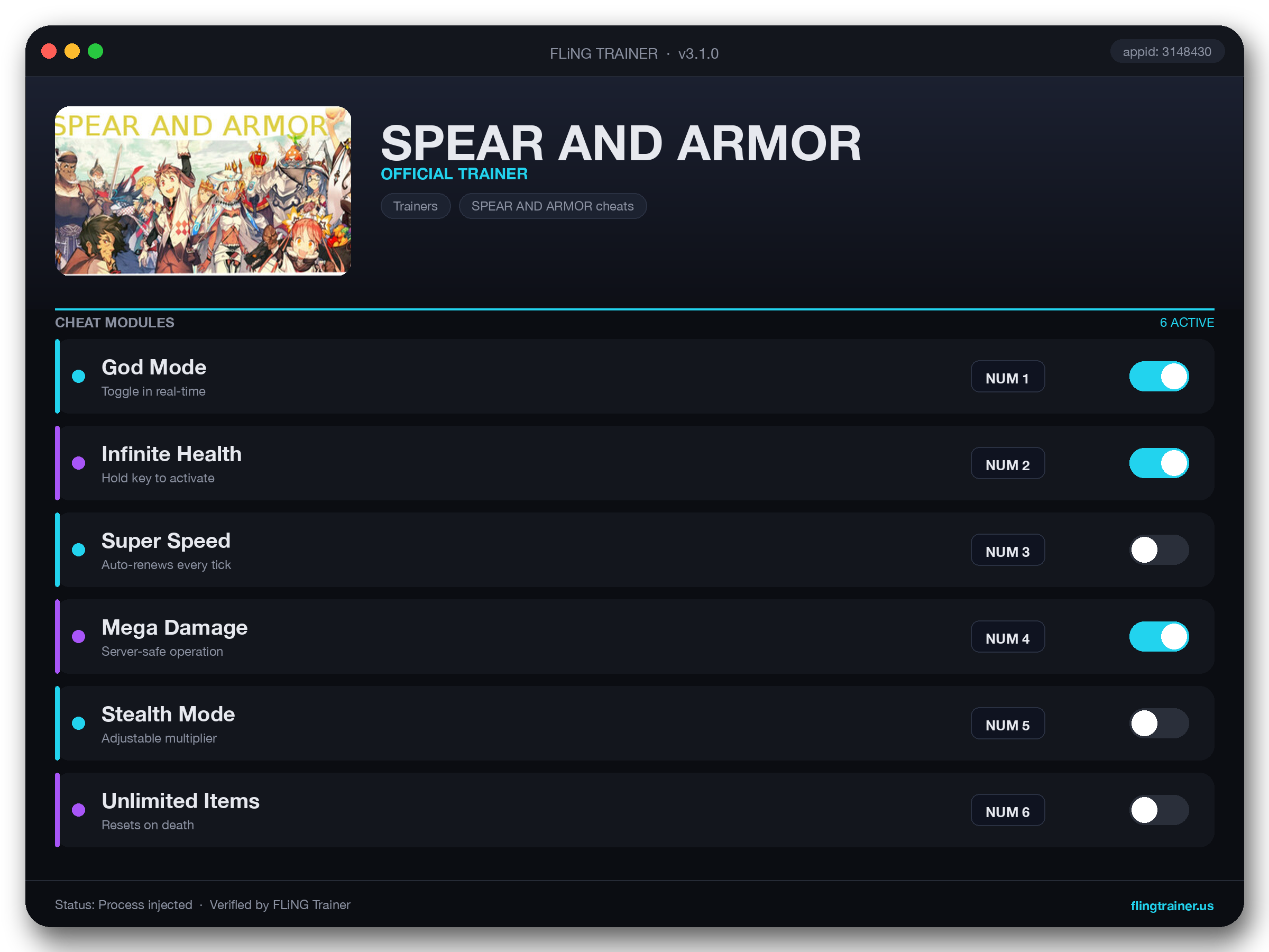 SPEAR AND ARMOR Trainer interface