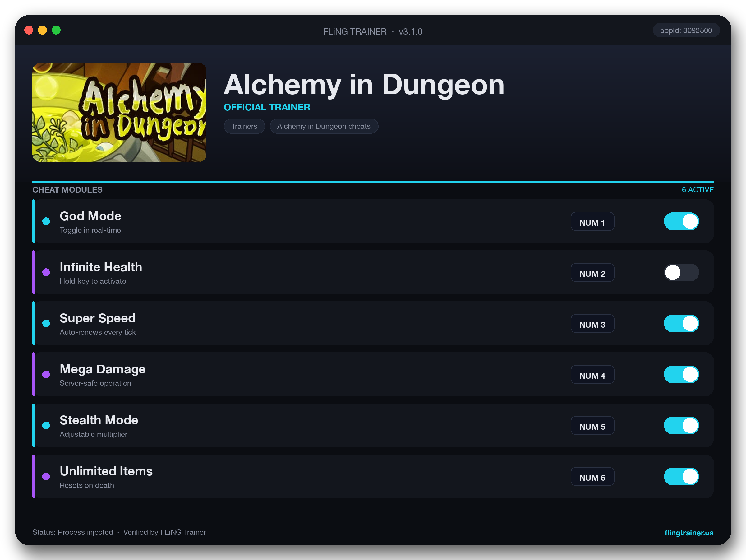 Alchemy in Dungeon Trainer interface