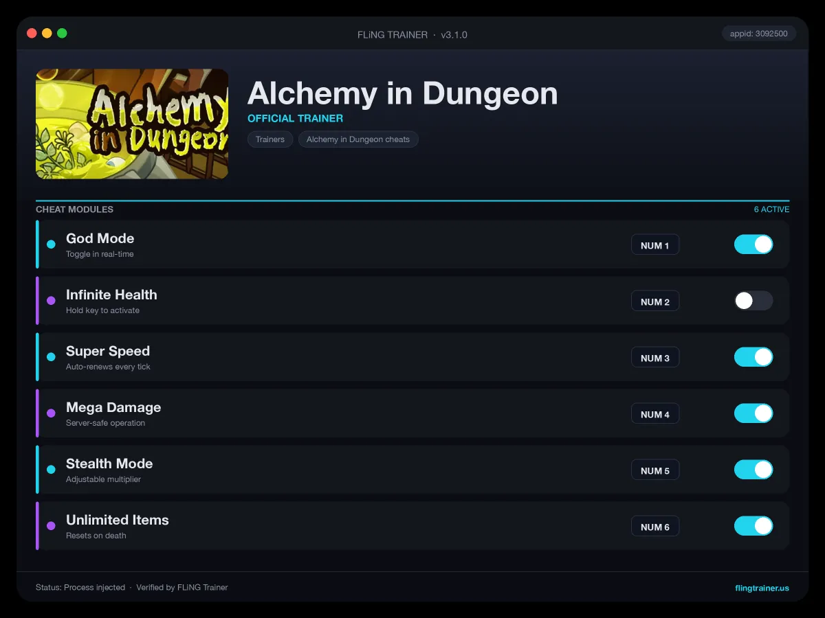 Alchemy in Dungeon Trainer interface
