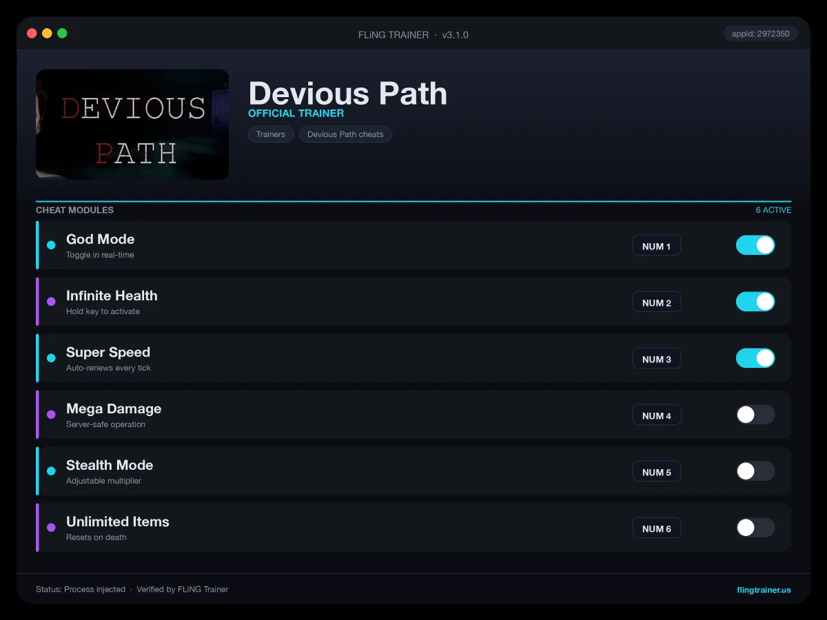 Devious Path Trainer interface