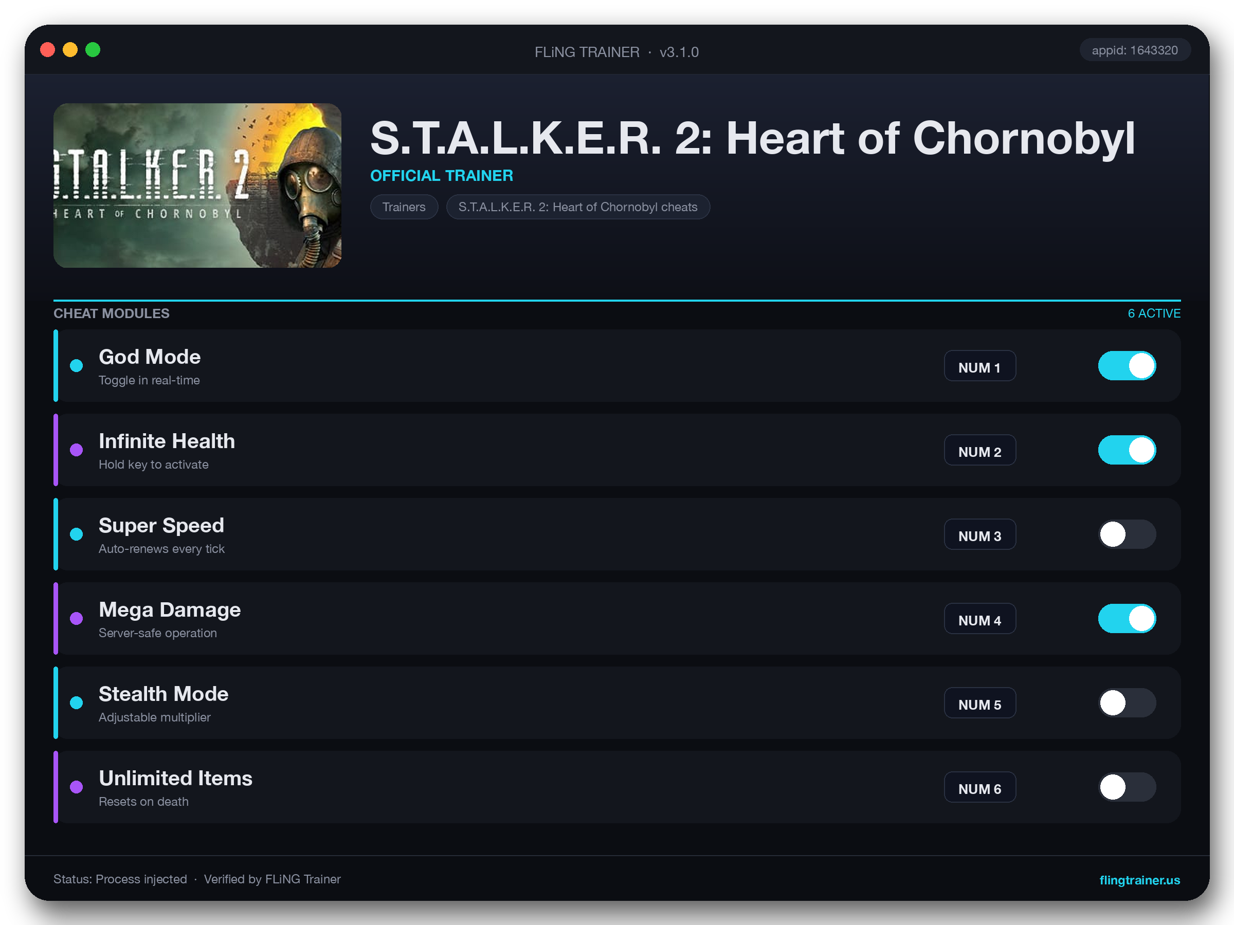 S.T.A.L.K.E.R. 2: Heart of Chornobyl Trainer interface