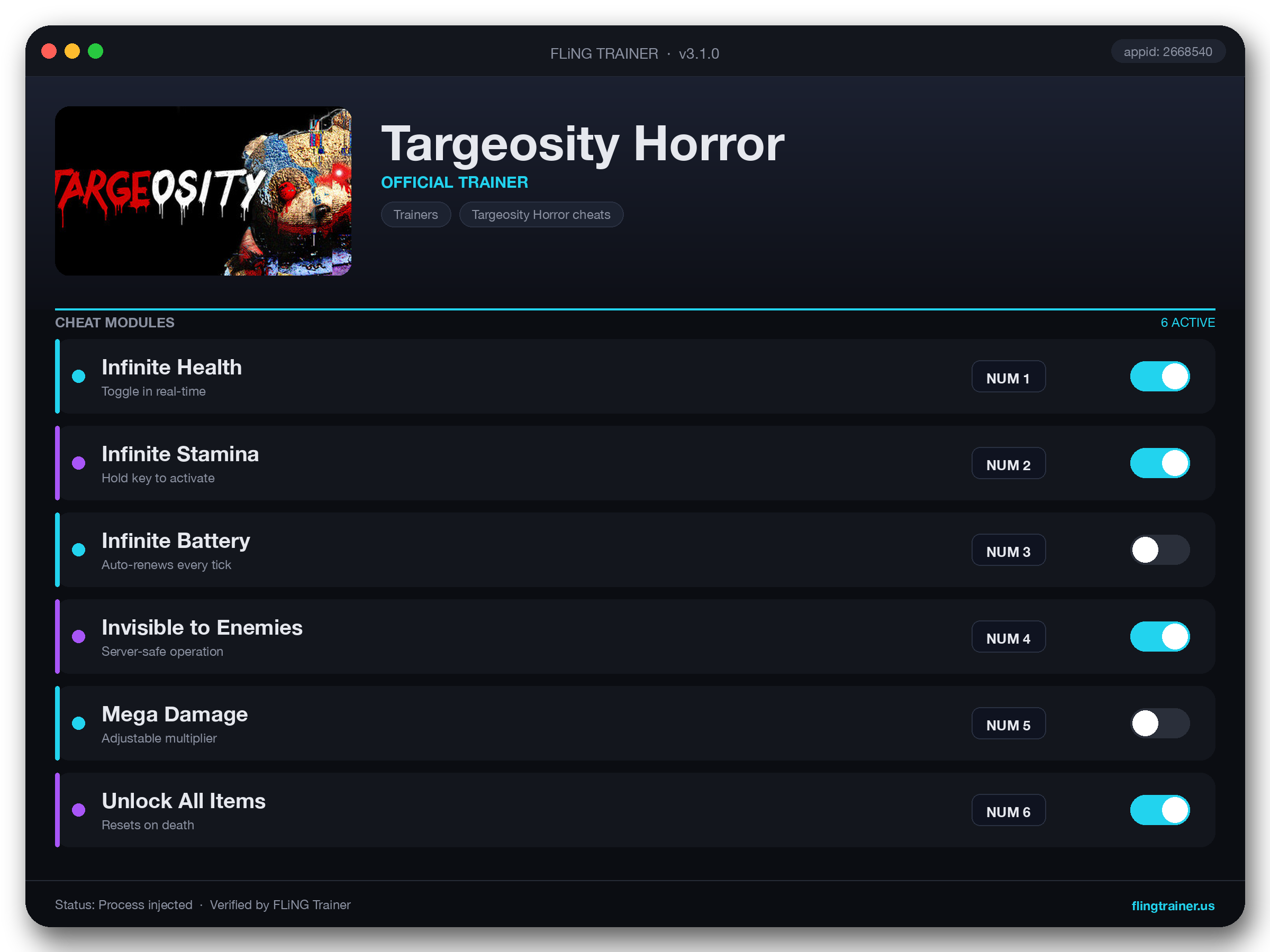 Targeosity Horror Trainer interface