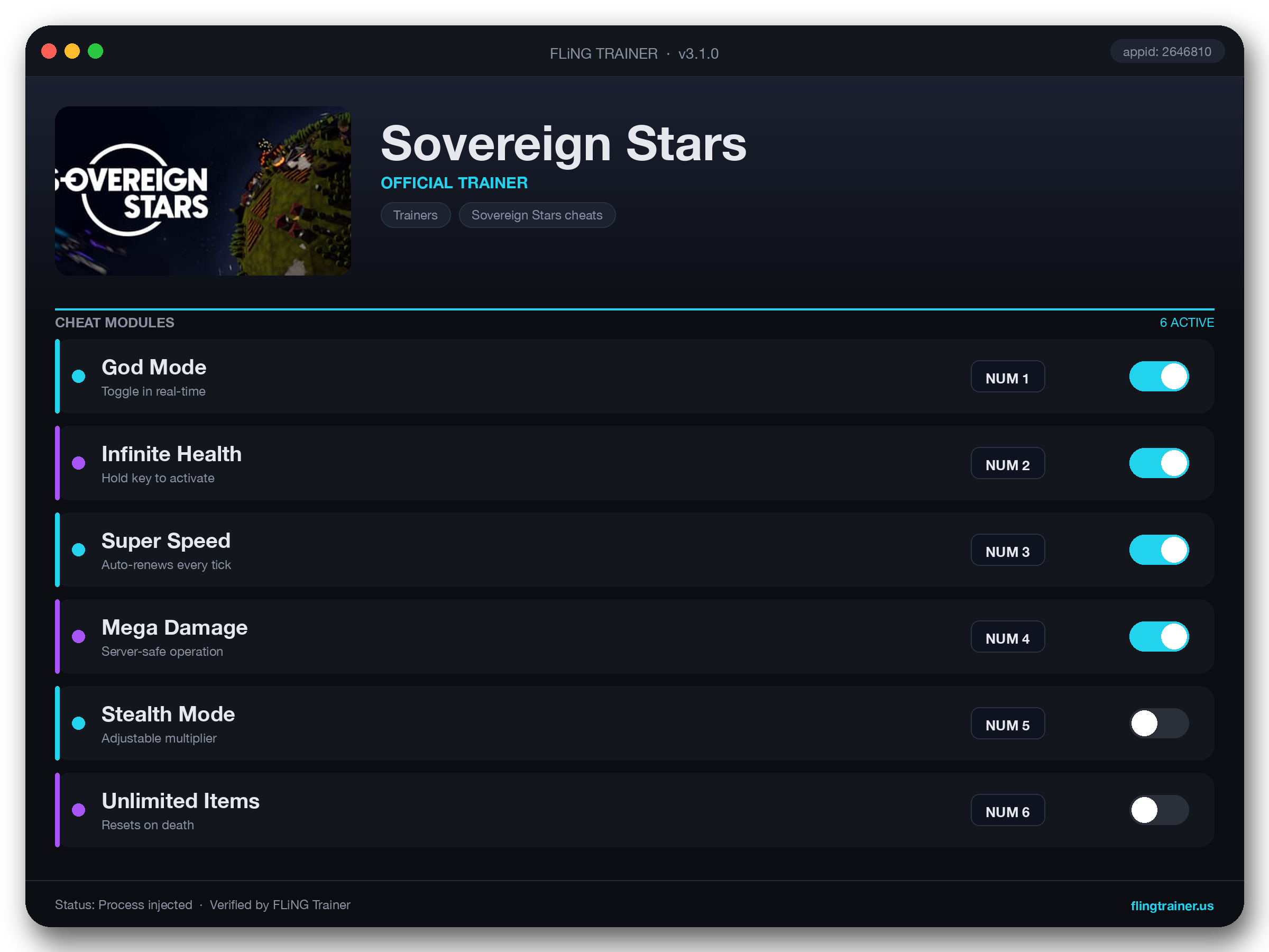 Sovereign Stars Trainer interface