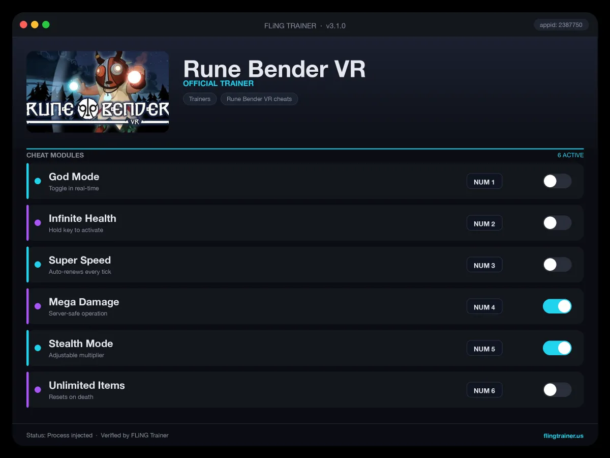 Rune Bender VR Trainer interface