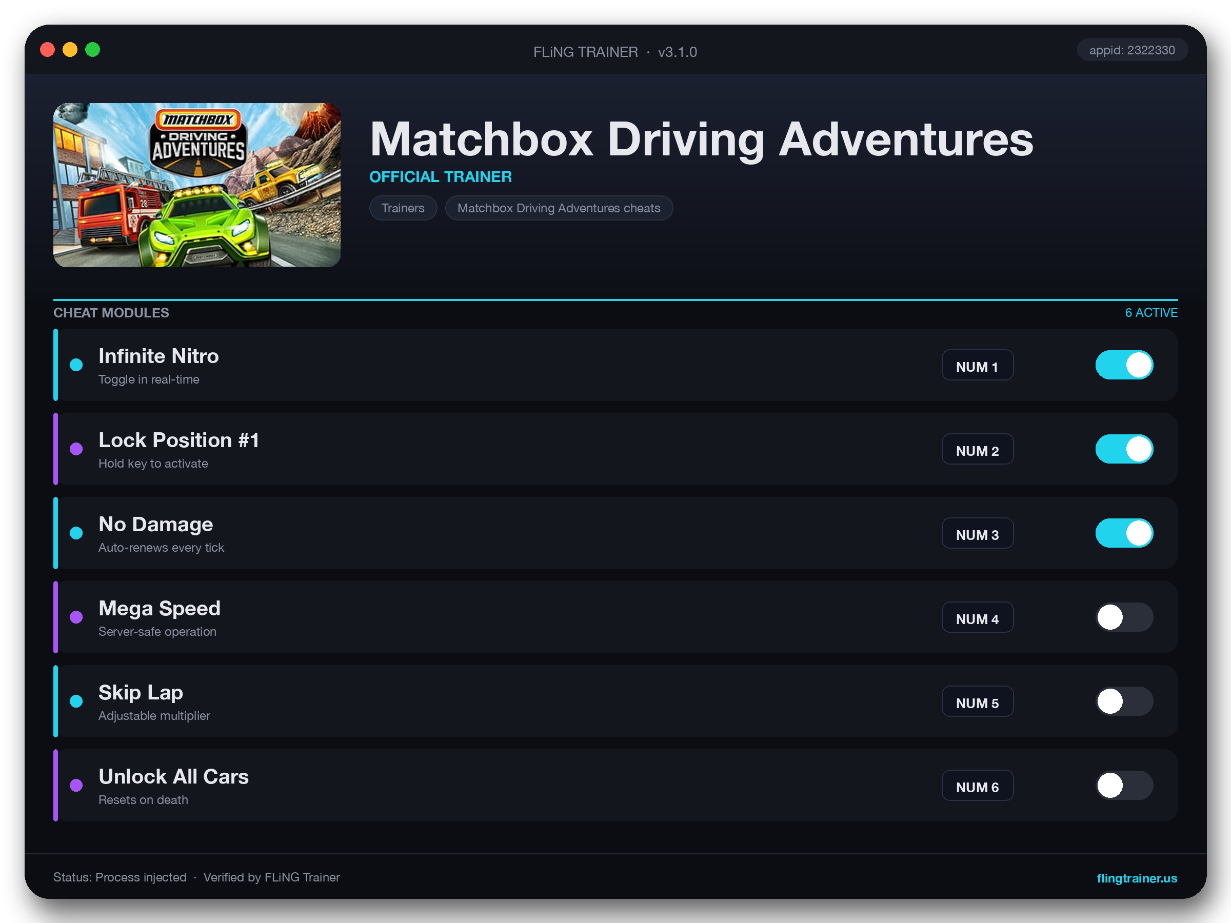 Matchbox Driving Adventures Trainer interface