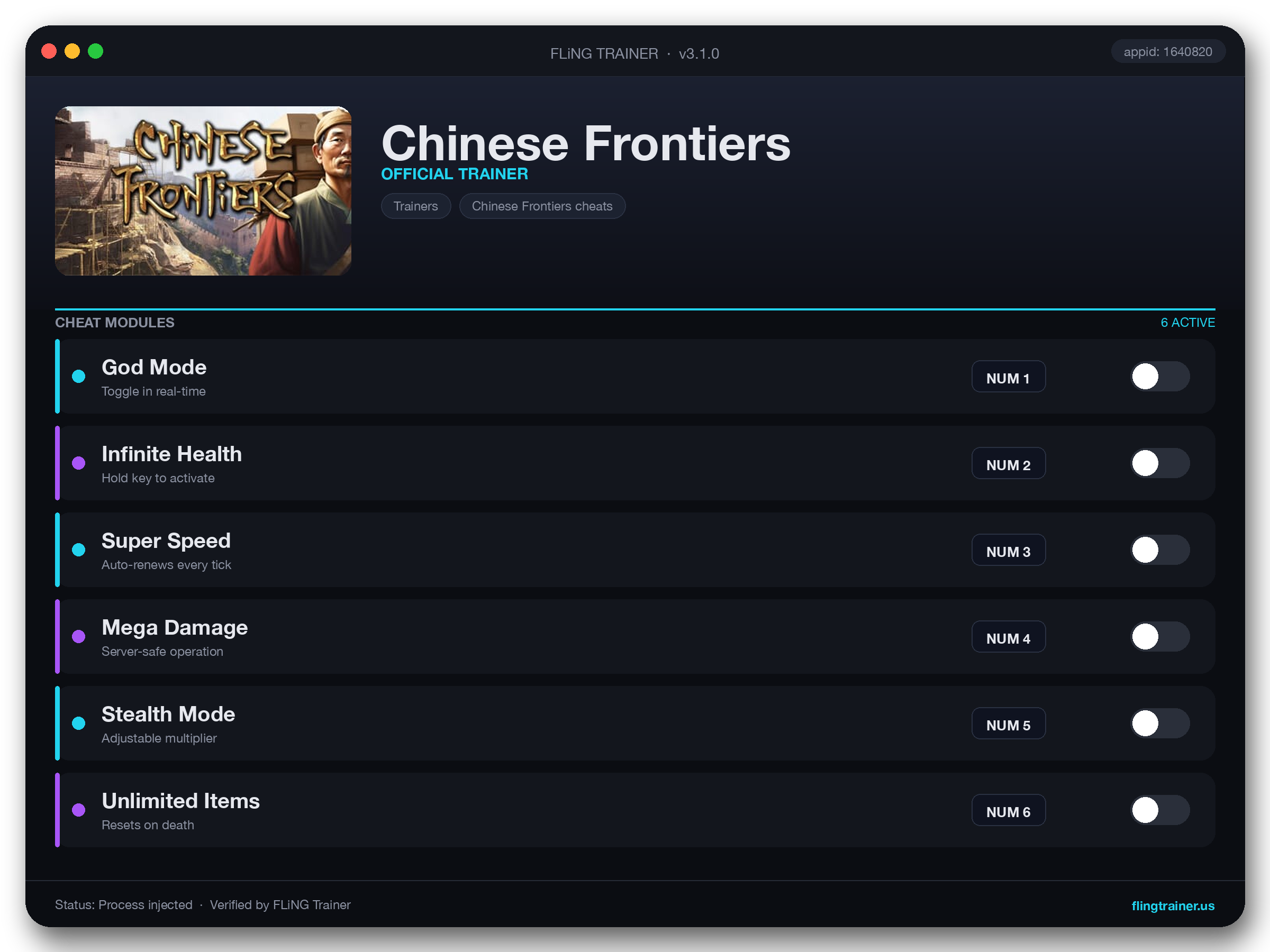 Chinese Frontiers Trainer interface
