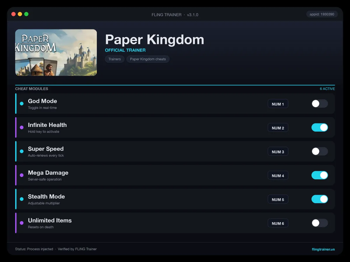 Paper Kingdom Trainer interface