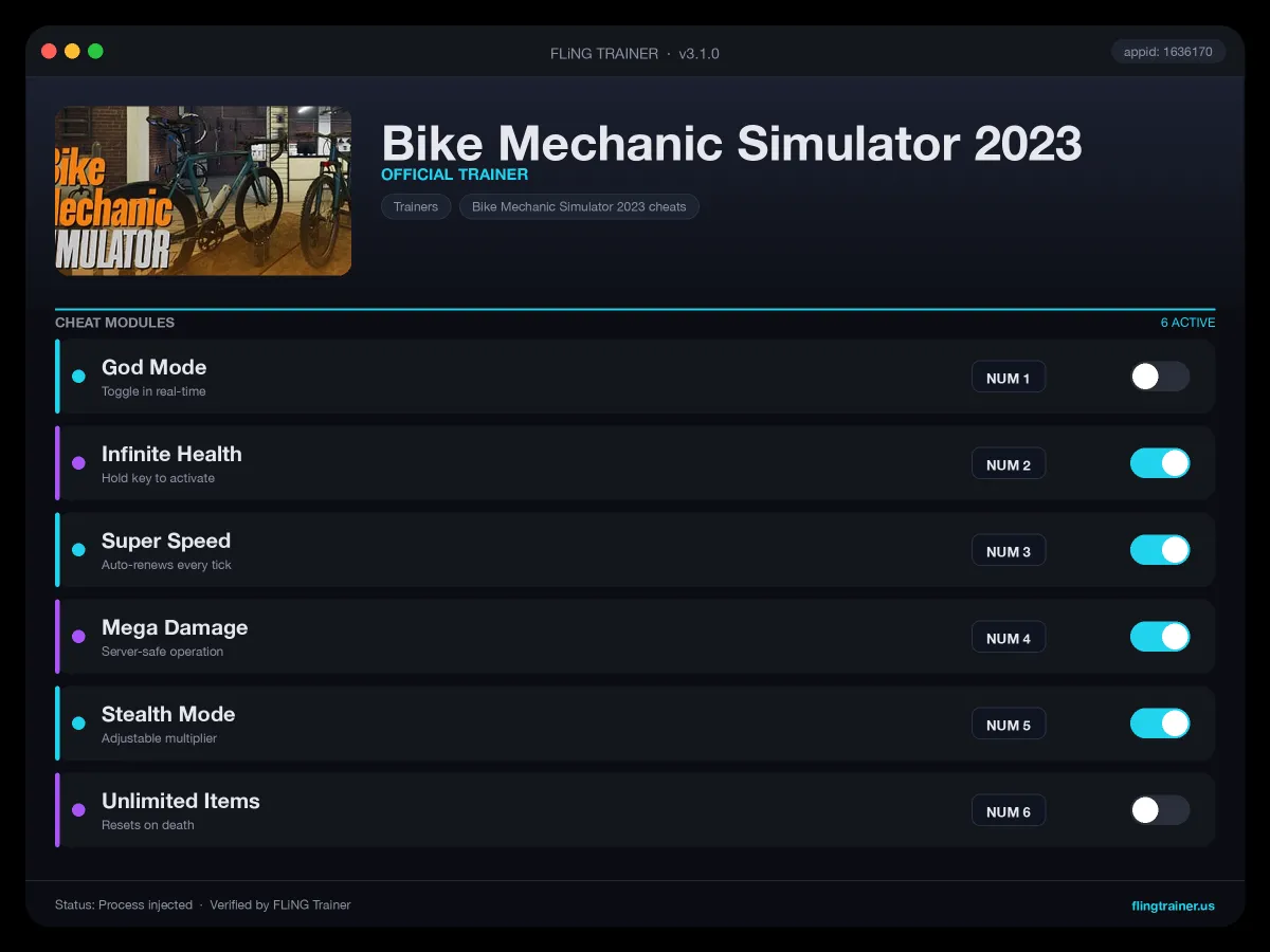 Bike Mechanic Simulator 2023 Trainer interface