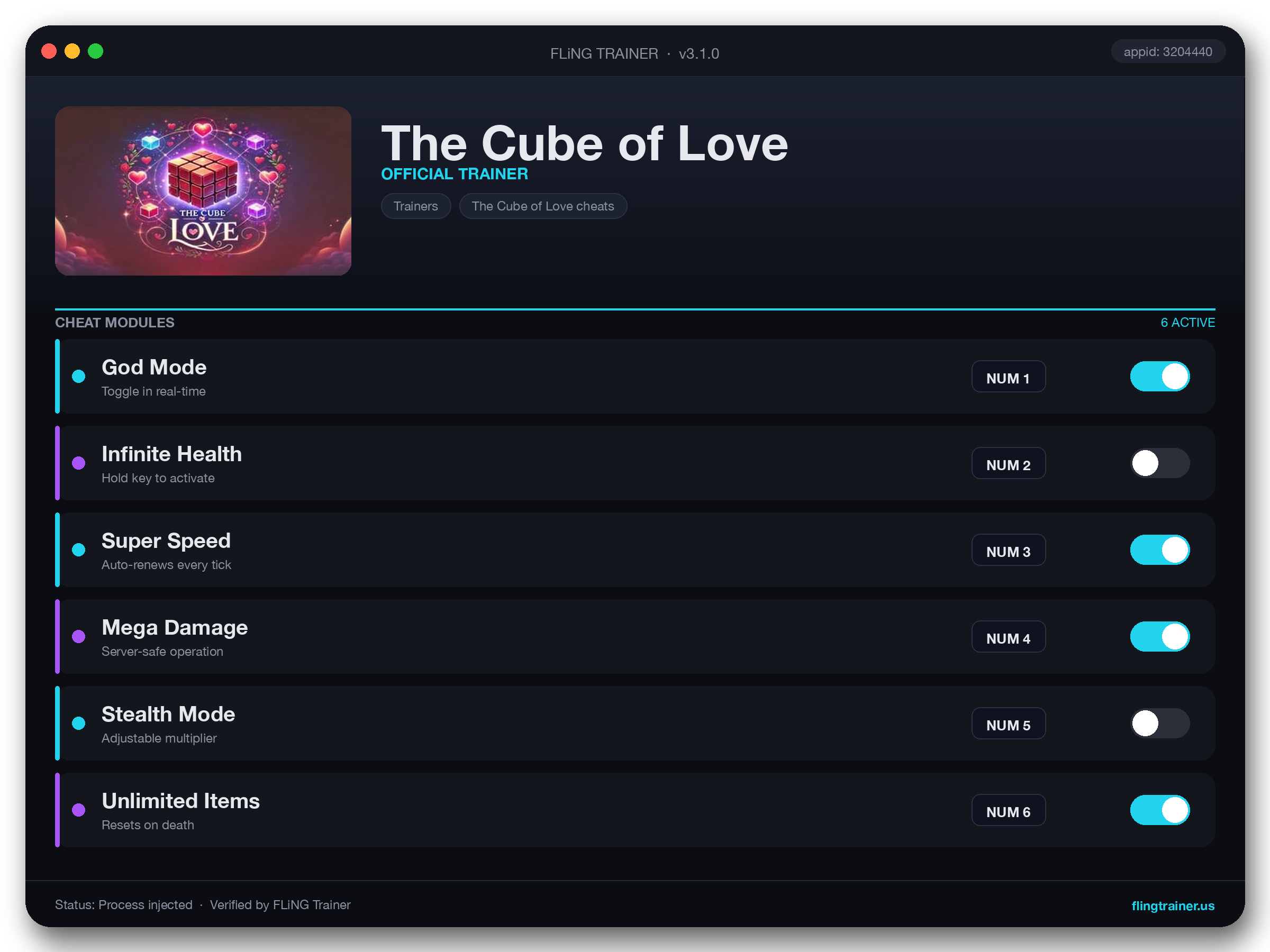 The Cube of Love Trainer interface
