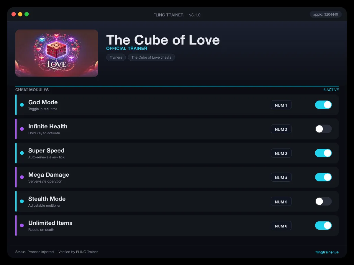 The Cube of Love Trainer interface