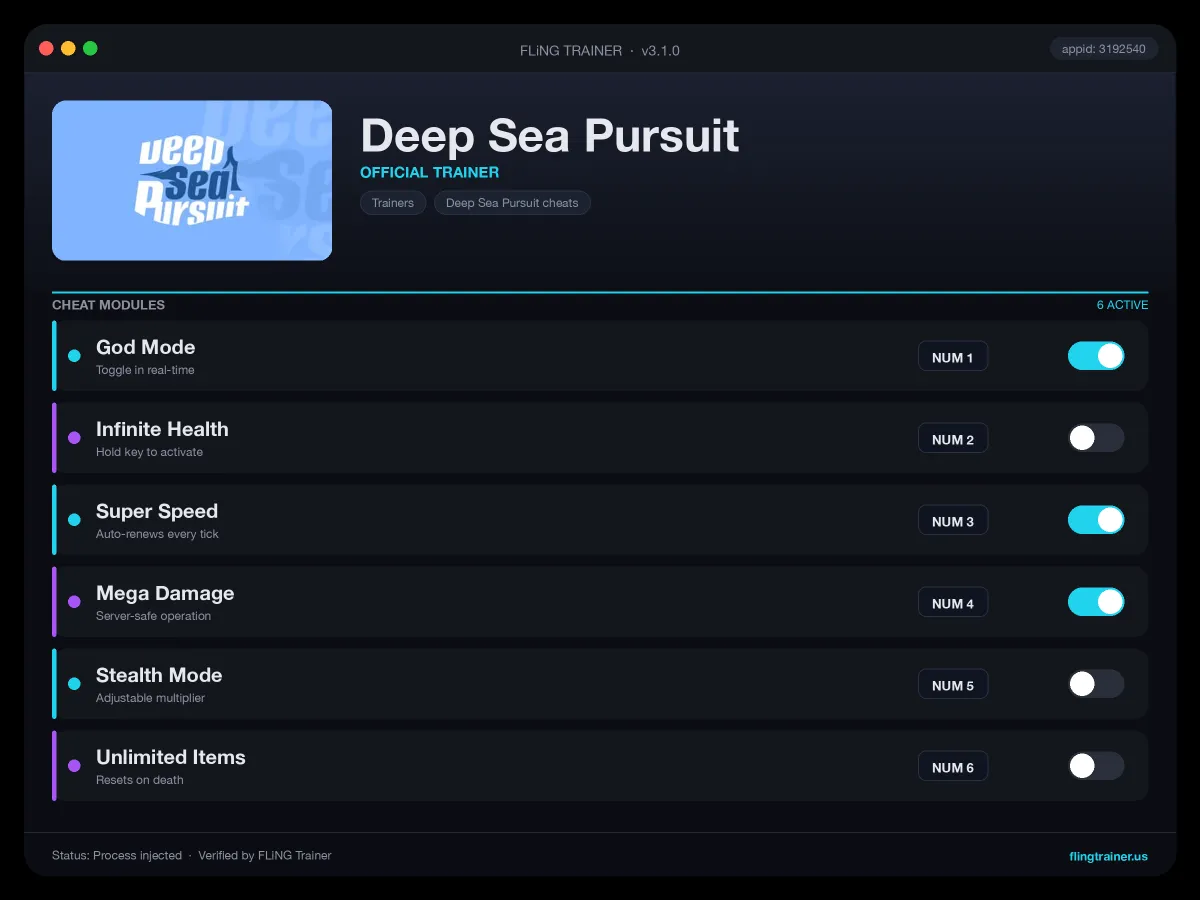 Deep Sea Pursuit Trainer interface