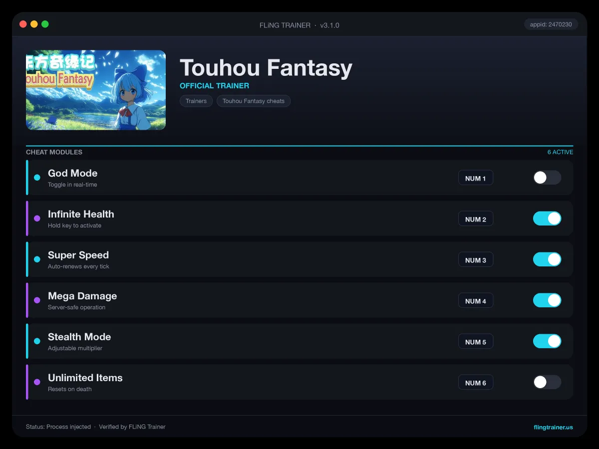 Touhou Fantasy Trainer interface
