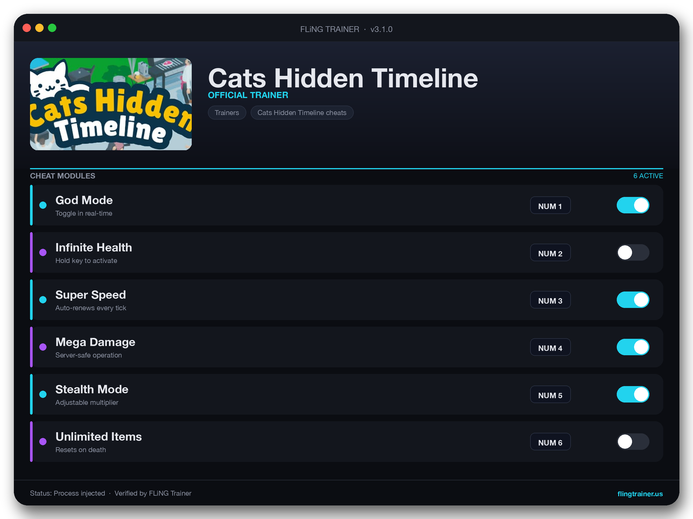 Cats Hidden Timeline Trainer interface