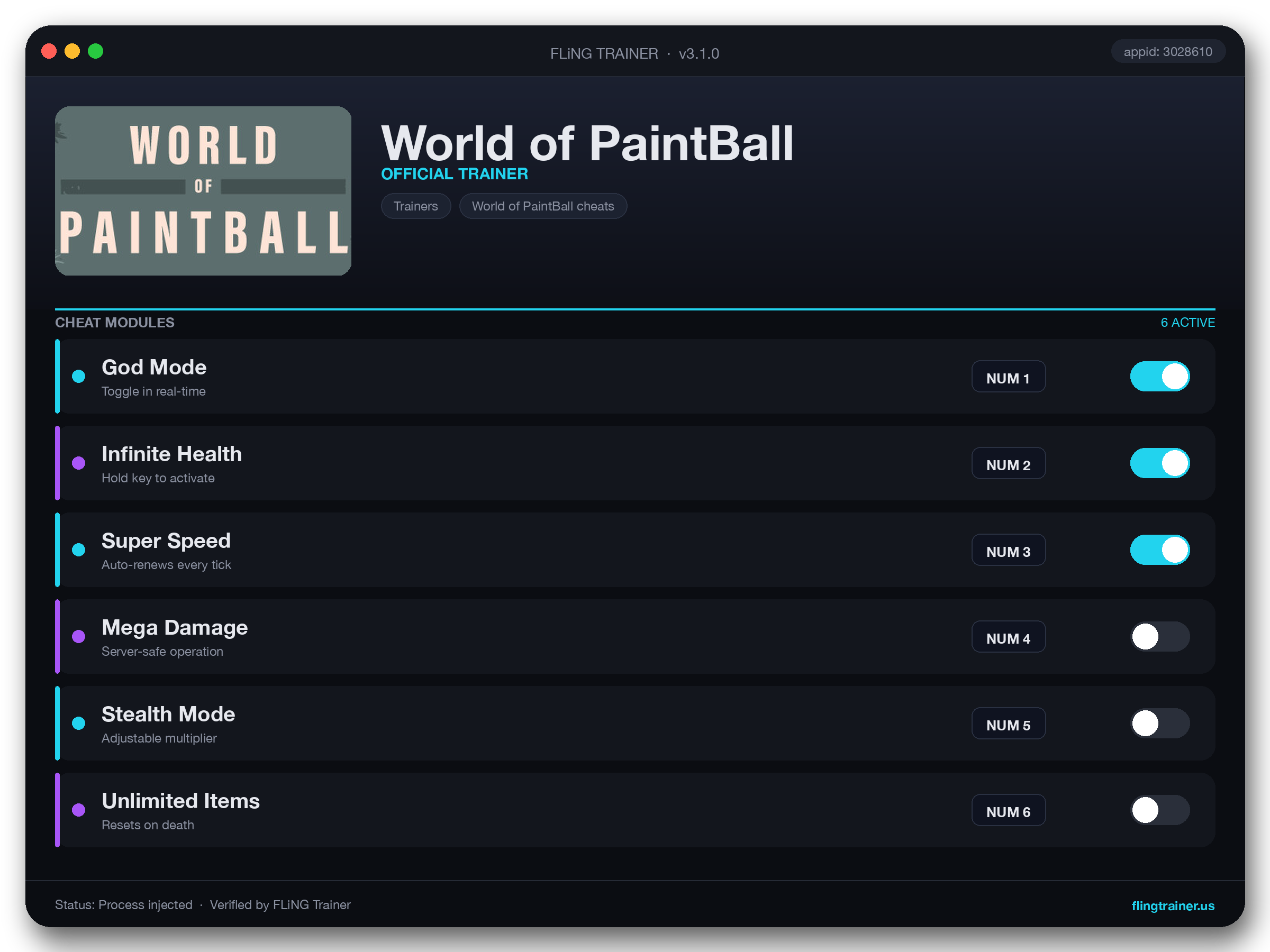World of PaintBall Trainer interface