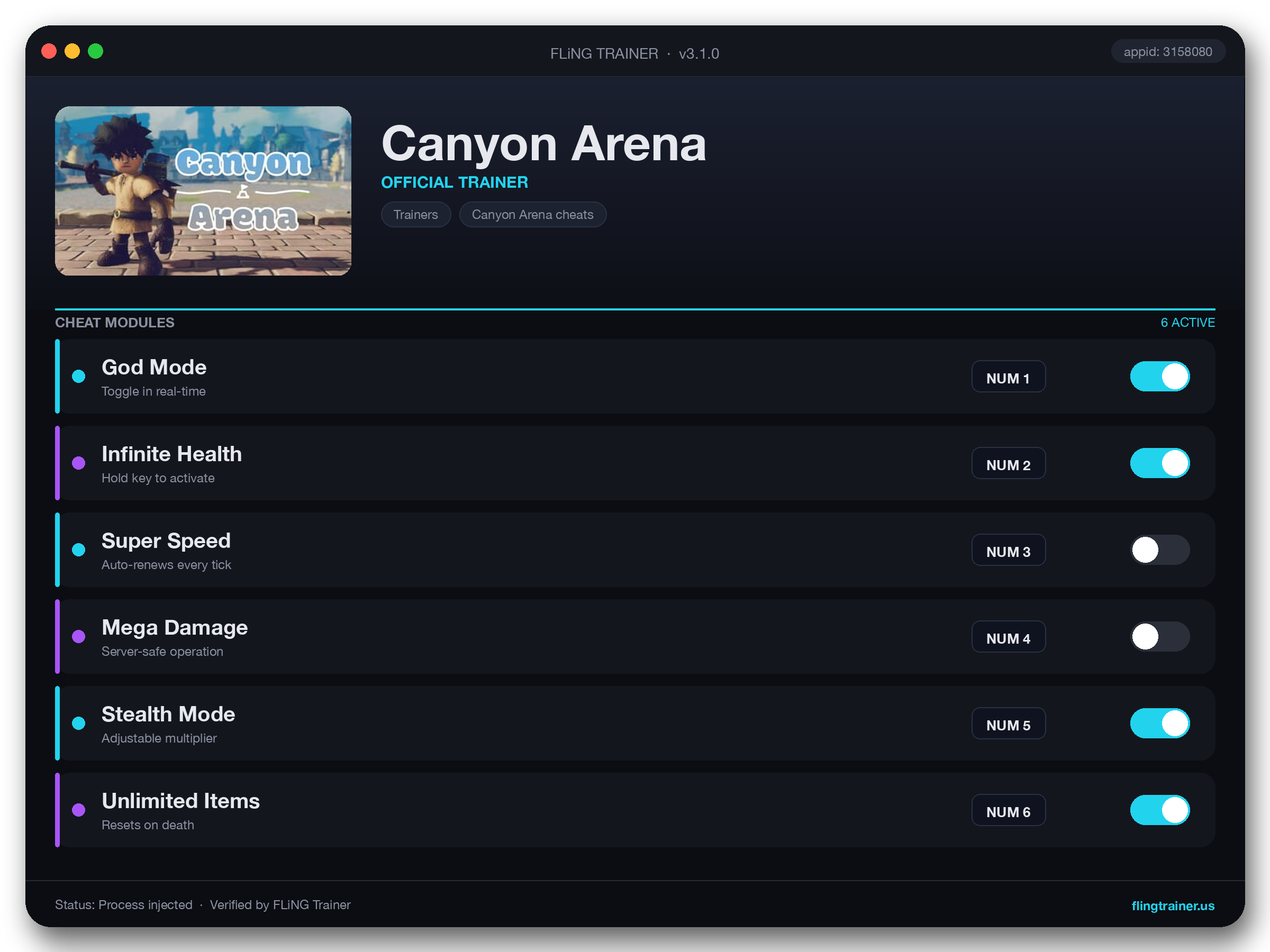 Canyon Arena Trainer interface
