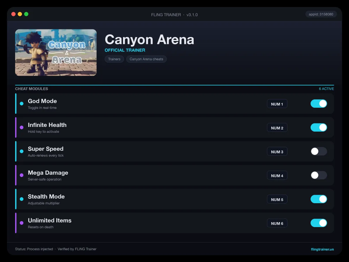 Canyon Arena Trainer interface