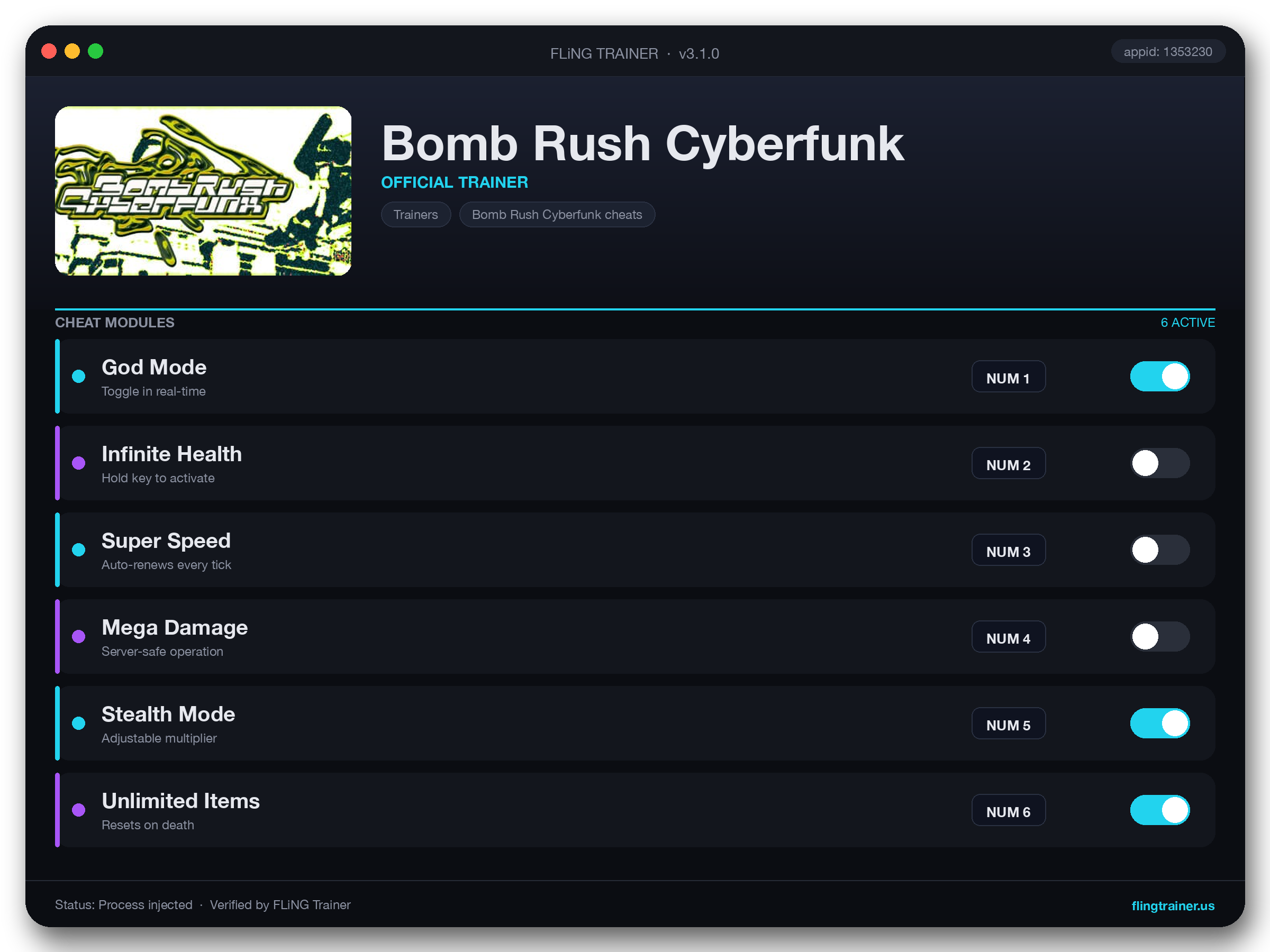 Bomb Rush Cyberfunk Trainer interface