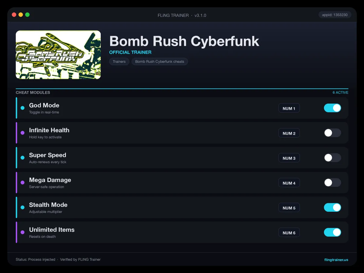 Bomb Rush Cyberfunk Trainer interface