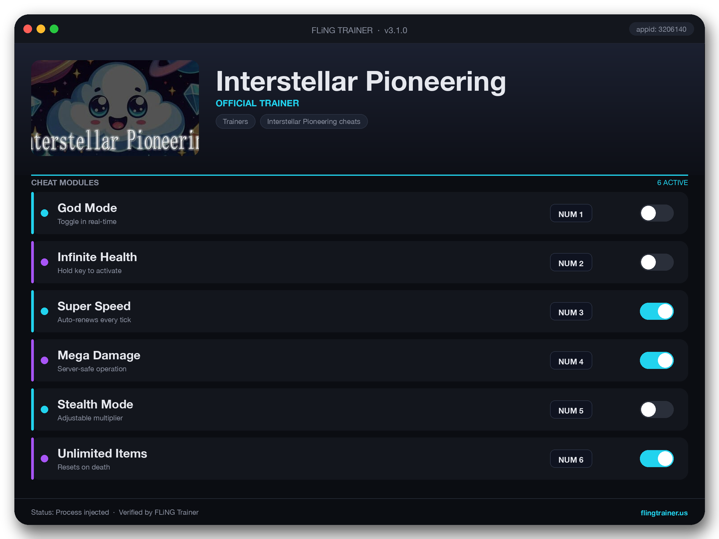 Interstellar Pioneering Trainer interface