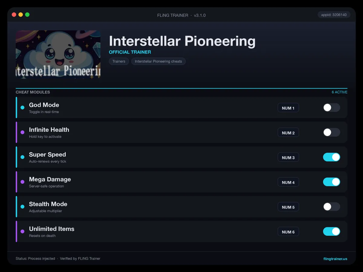 Interstellar Pioneering Trainer interface