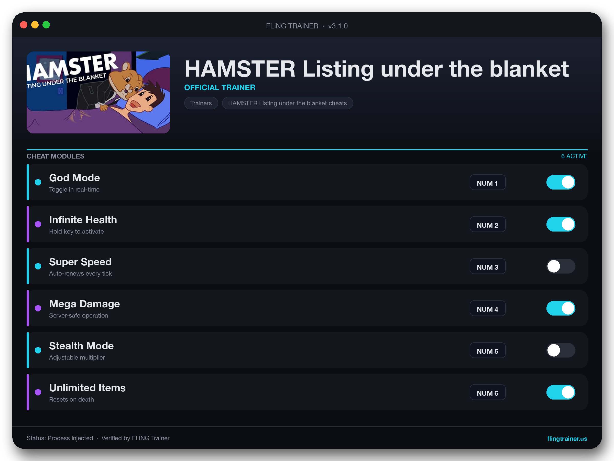 HAMSTER Listing under the blanket Trainer interface