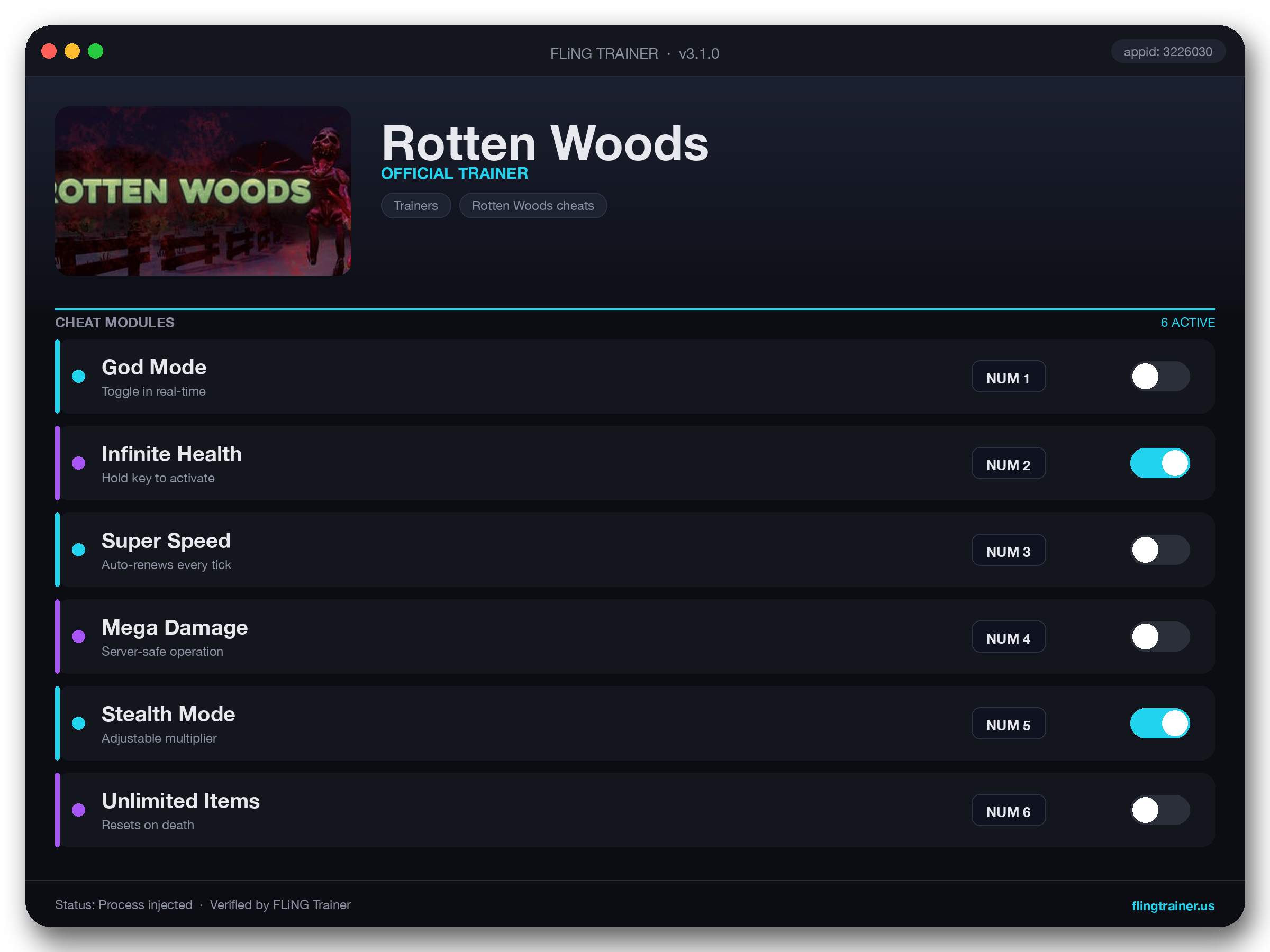 Rotten Woods Trainer interface