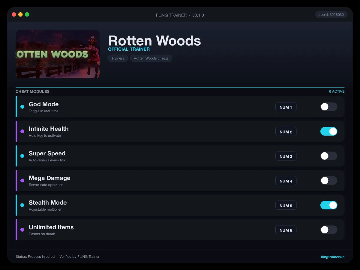 Rotten Woods Trainer interface