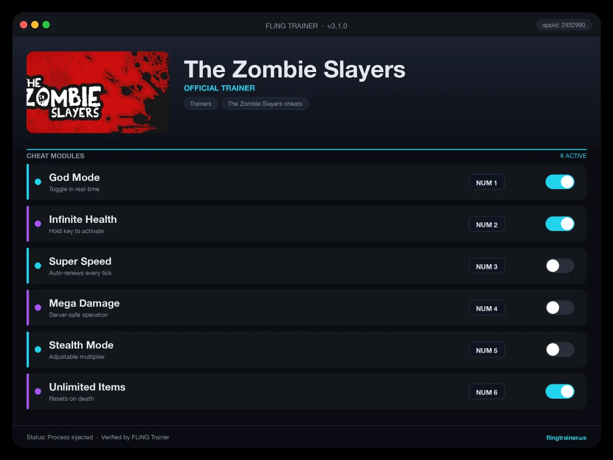 The Zombie Slayers Trainer interface
