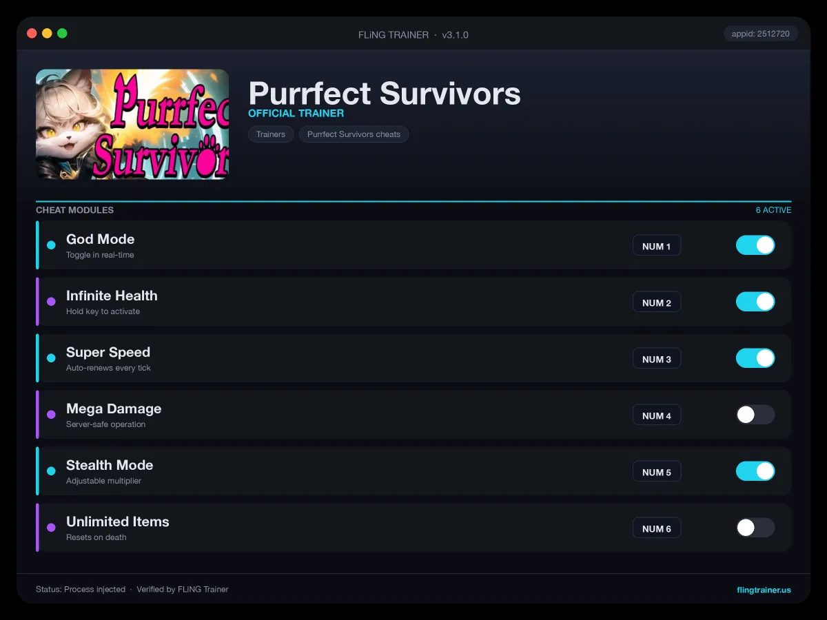 Purrfect Survivors Trainer interface