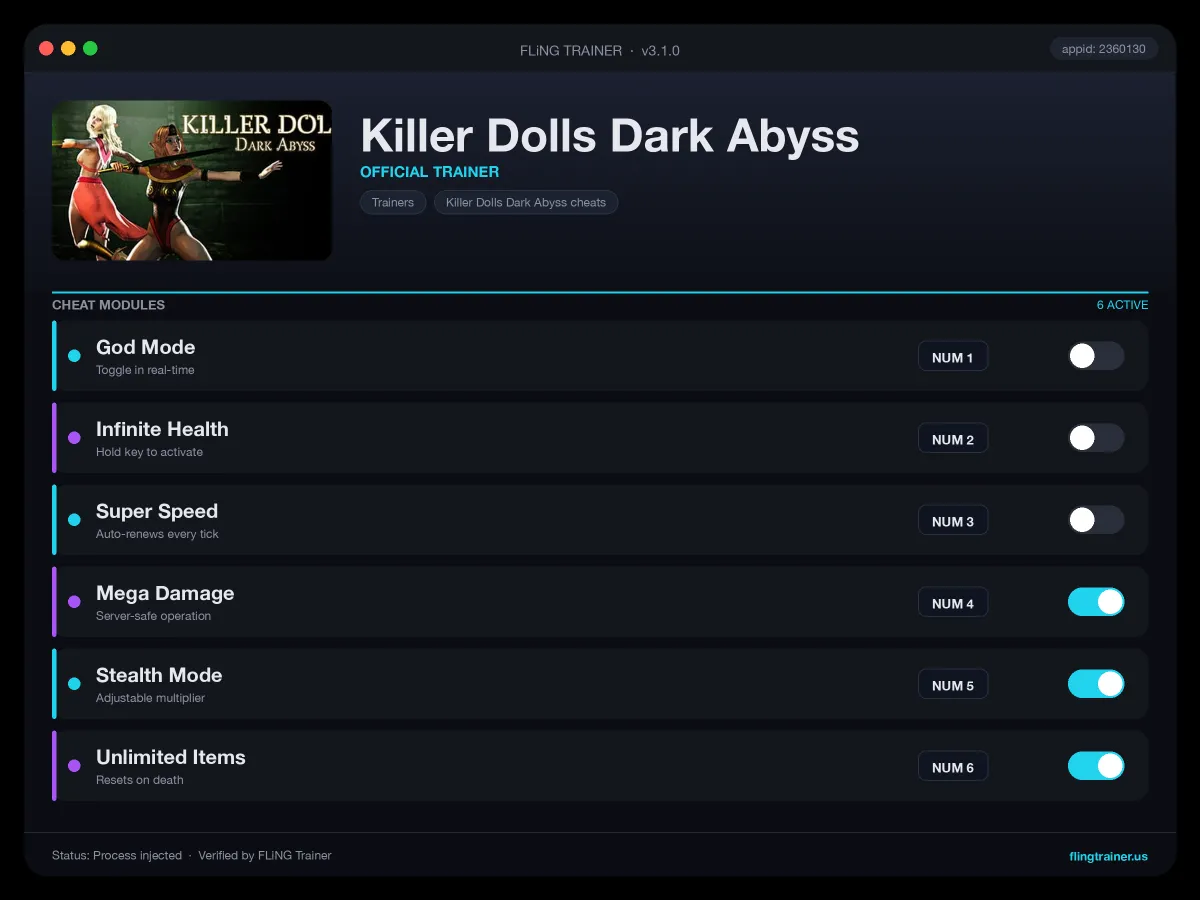 Killer Dolls Dark Abyss Trainer interface