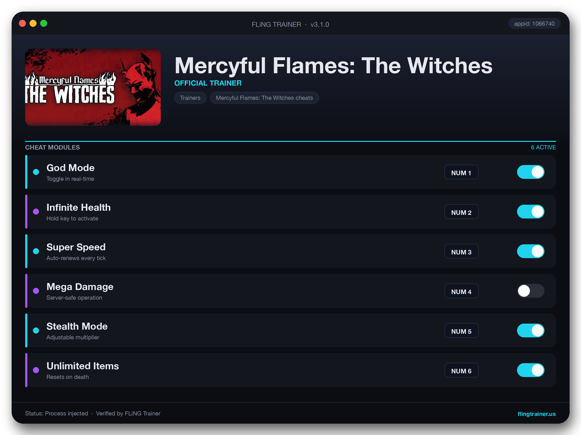 Mercyful Flames: The Witches Trainer interface