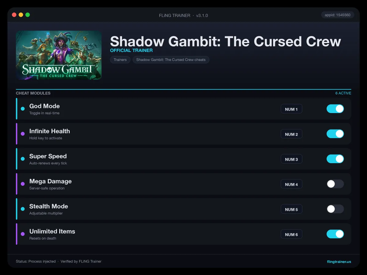 Shadow Gambit: The Cursed Crew Trainer interface