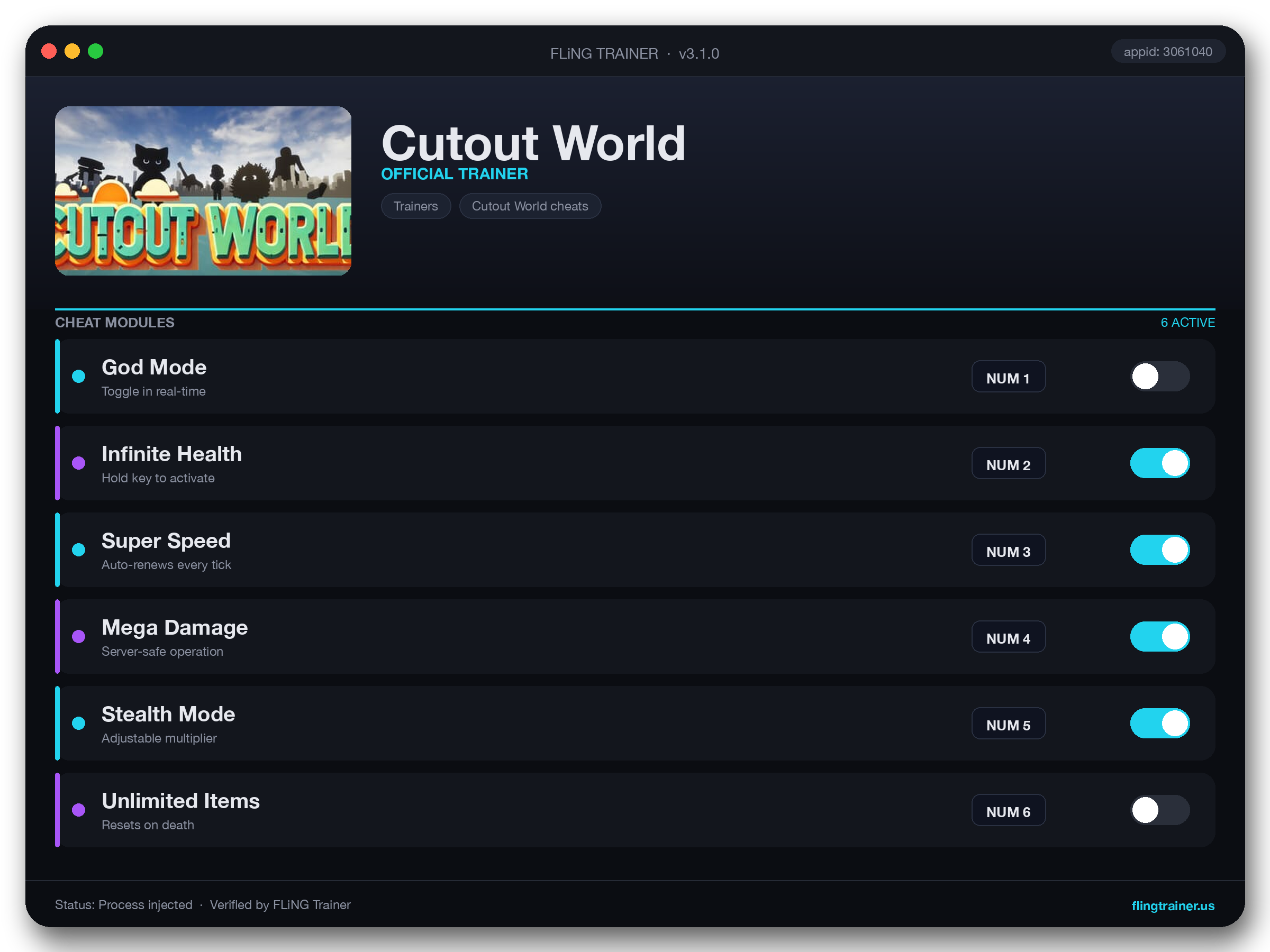 Cutout World Trainer interface