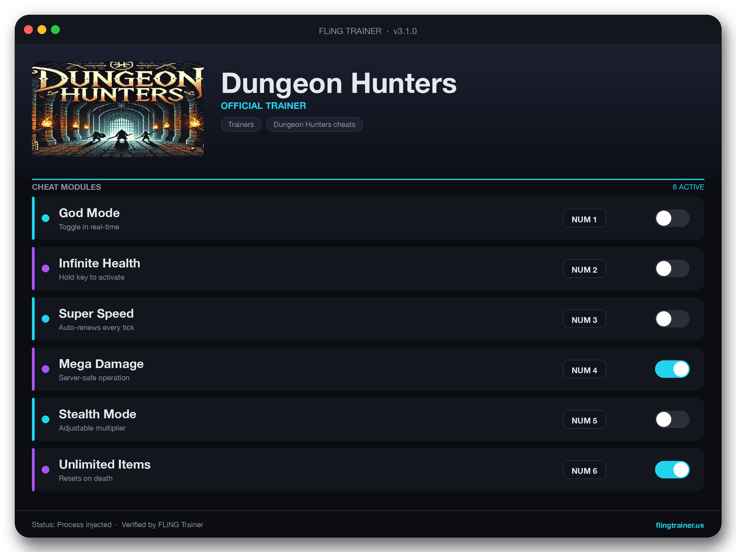 Dungeon Hunters Trainer interface
