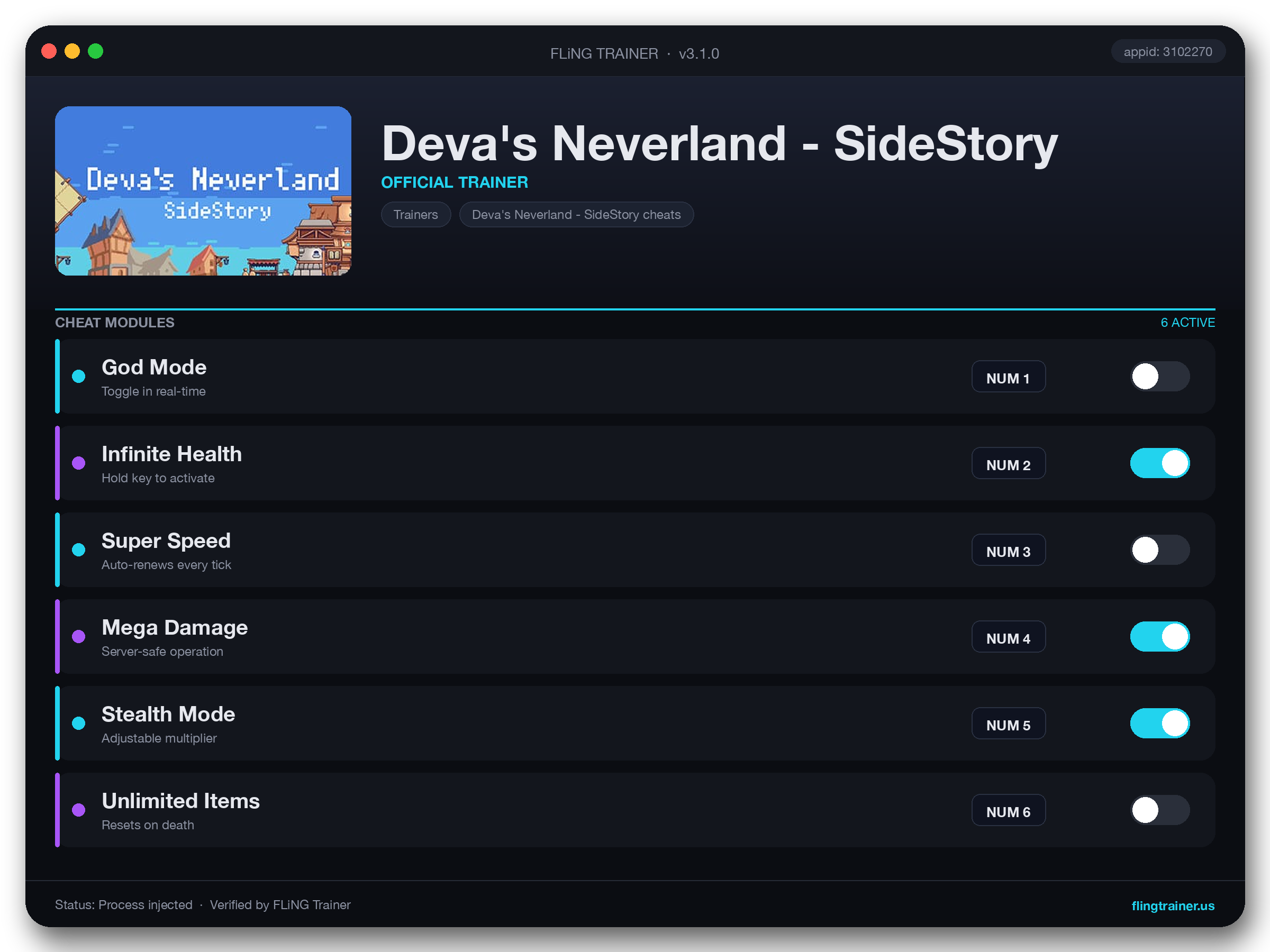 Deva's Neverland - SideStory Trainer interface
