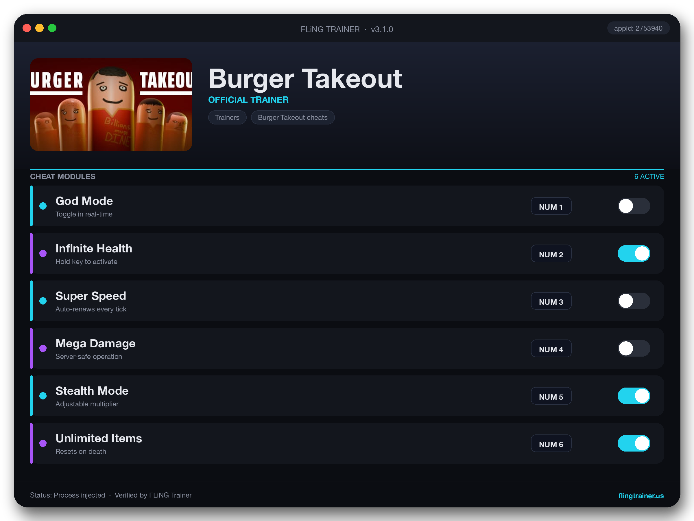Burger Takeout Trainer interface