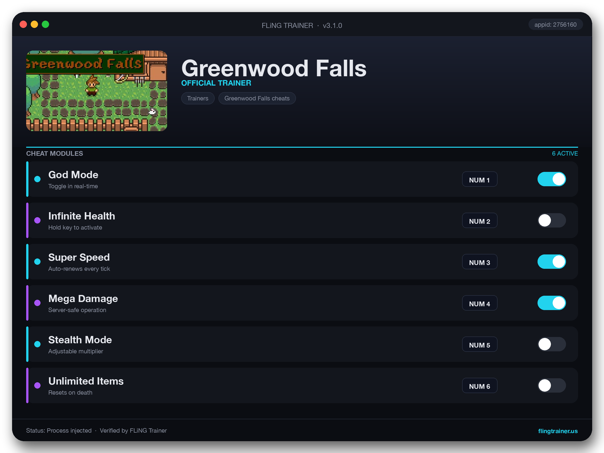 Greenwood Falls Trainer interface