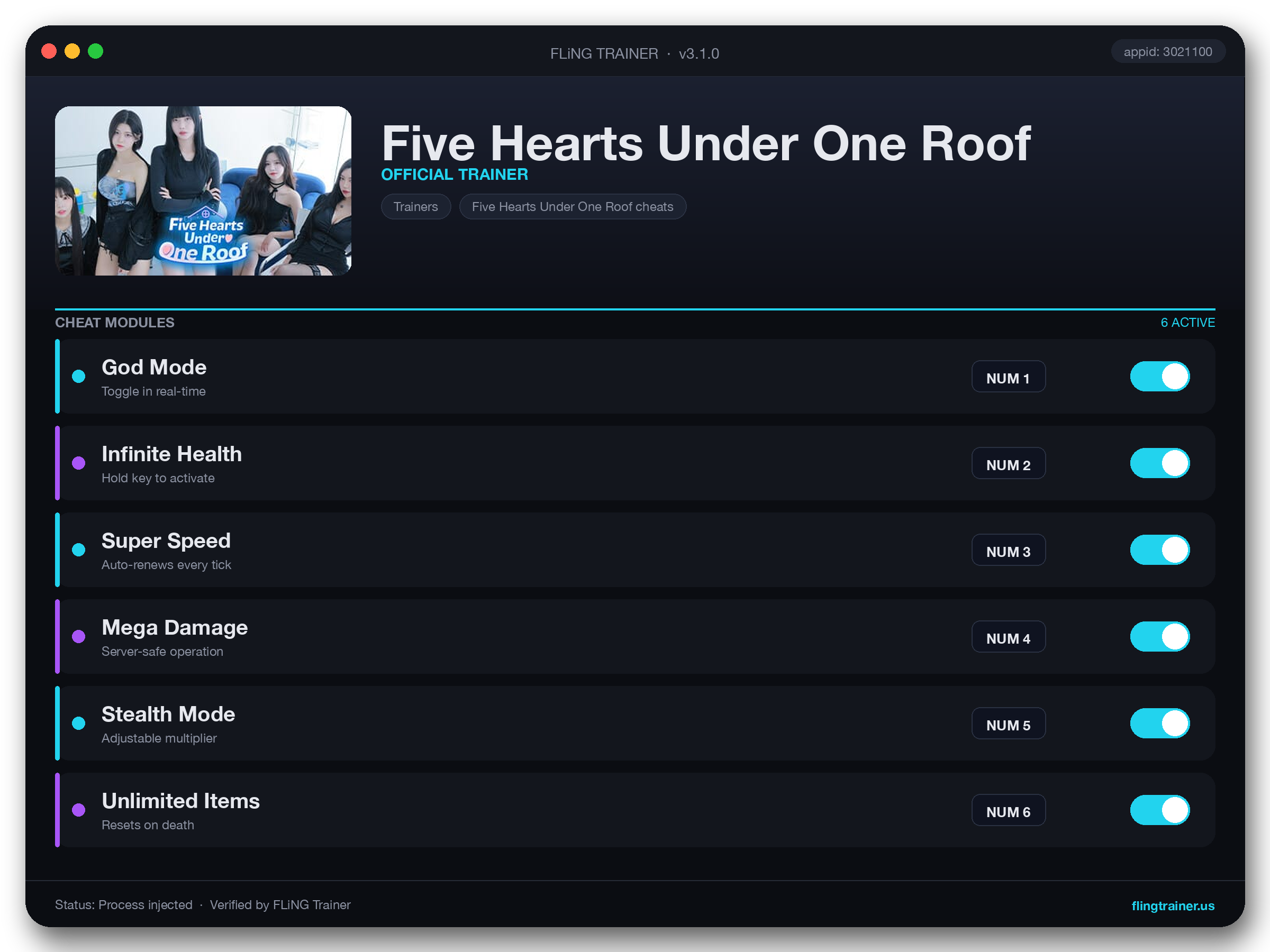 Five Hearts Under One Roof Trainer interface