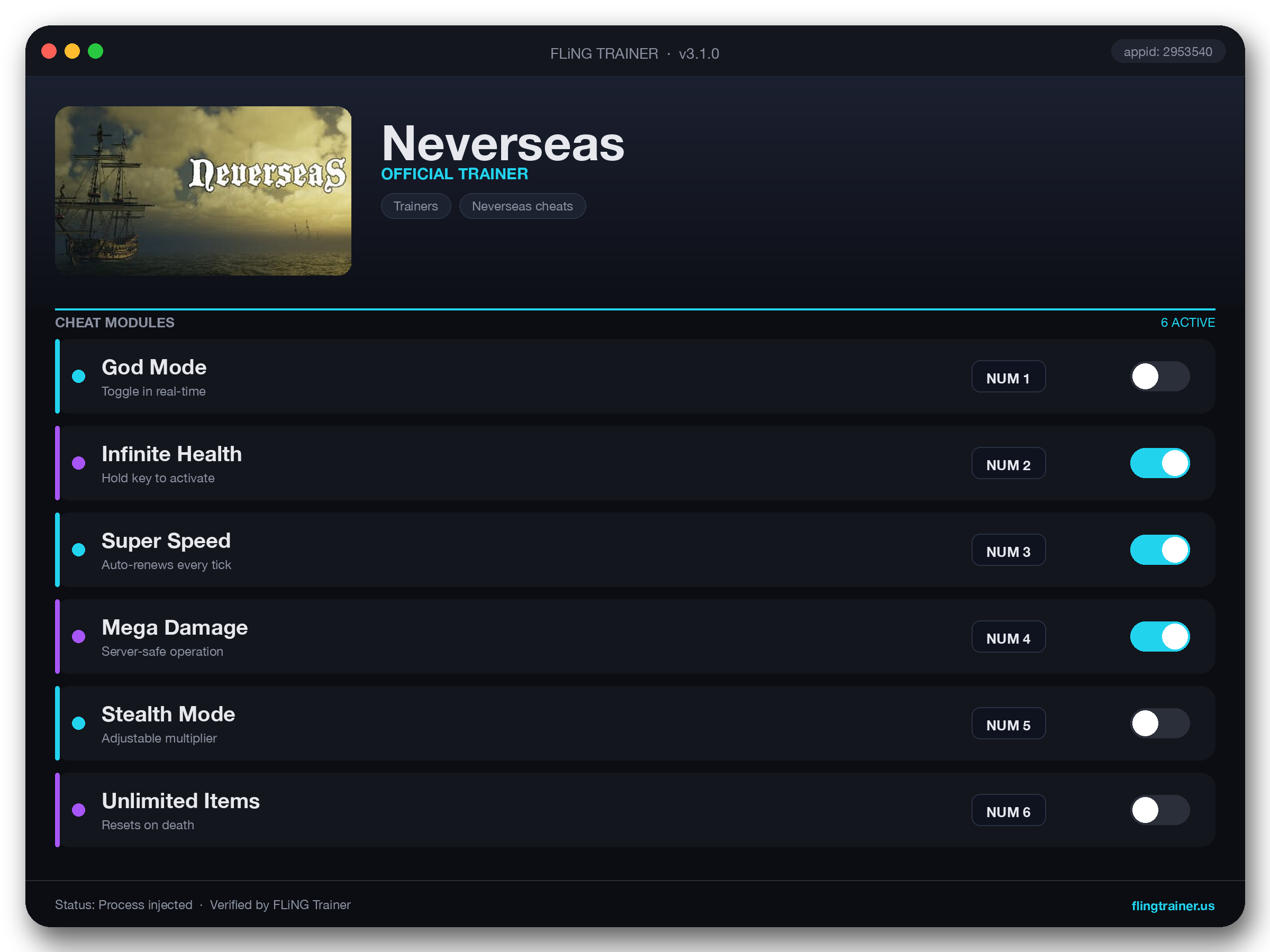 Neverseas Trainer interface